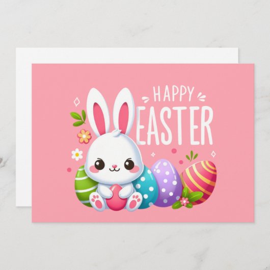 かわいいピンクのハッピーイースターバニー シーズンカード (正面/裏面)