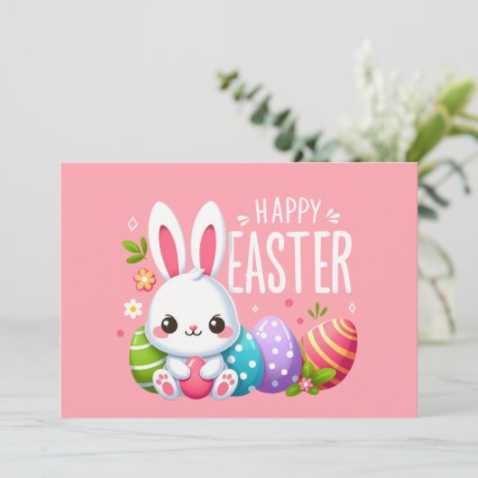 かわいいピンクのハッピーイースターバニー シーズンカード (スタンド正面)