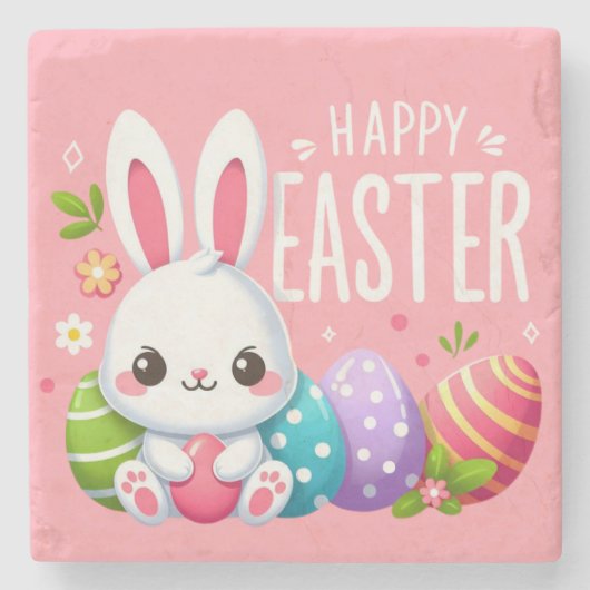 かわいいピンクのハッピーイースターバニー ストーンコースター (正面)