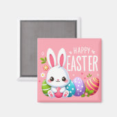 かわいいピンクのハッピーイースターバニー マグネット (正面/裏面)