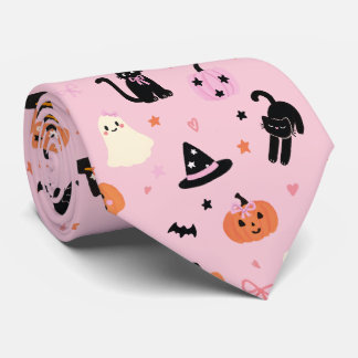 かわいいピンクのハロウィンのおばけ 猫とカボチャ ネクタイ