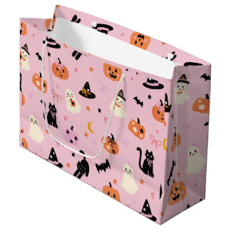 かわいいピンクのハロウィンのオバケ、猫、かぼちゃ ラージペーパーバッグ