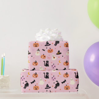 かわいいピンクのハロウィンのオバケ、猫、パンプキン ラッピングペーパー
