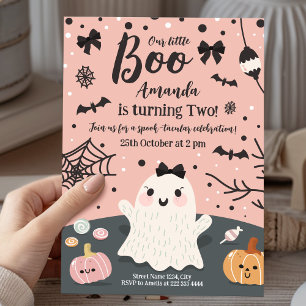 かわいいピンクのハロウィン誕生日パーティー 白い幽霊付き 招待状