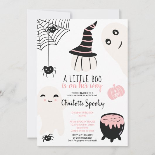 かわいいピンクのハロウィーンの小さなブー女の子の赤ちゃんシャワー 招待状 (正面)