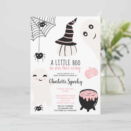 かわいいピンクのハロウィーンの小さなブー女の子の赤ちゃんシャワー 招待状 (スタンド正面)