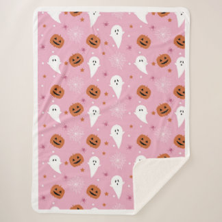 かわいいピンクのハロウィーンの幽霊とカボチャのスローブランケット シェルパブランケット