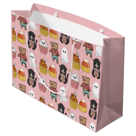 かわいいピンクのハロウィーンの衣装パーティー誕生日 ラージペーパーバッグ (裏面アングル)