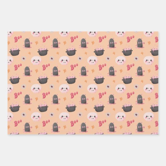 かわいいピンクのハロウィーン誕生日パーティー ラッピングペーパーシート (正面3)