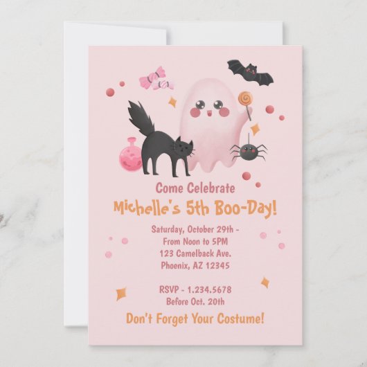 かわいいピンクのハロウィーン誕生日パーティー 招待状 (正面)