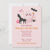 かわいいピンクのハロウィーン誕生日パーティー 招待状 (正面)