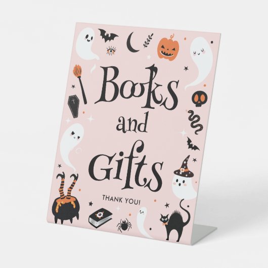 かわいいピンクのハロウィーン赤ちゃんシャワー本とギフト 台座サイン (正面)