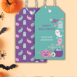 かわいいピンクのハロウィーン、幽霊、こうもり、クモ ギフトタグ