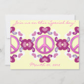 かわいいピンクのハートおよびピースサインの招待状 招待状 (正面)