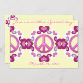 かわいいピンクのハートおよびピースサインの招待状 招待状 (正面/裏面)