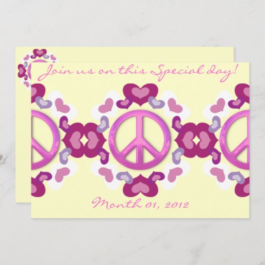 かわいいピンクのハートおよびピースサインの招待状 招待状 (正面/裏面)