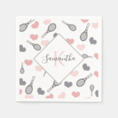 かわいいピンクのハートとテニスラケットのパターンスポーツ スタンダードカクテルナプキン (正面)