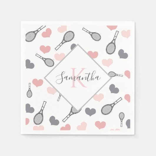 かわいいピンクのハートとテニスラケットのパターンスポーツ スタンダードカクテルナプキン (正面)