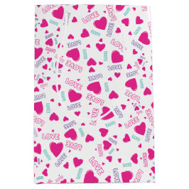 かわいいピンクのハートと愛 – ロマンチックなパターン ミディアムペーパーバッグ