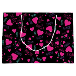 かわいいピンクのハートと愛 – ロマンチックなパターン ラージペーパーバッグ