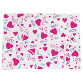 かわいいピンクのハートと愛 – ロマンチックなパターン ラージペーパーバッグ