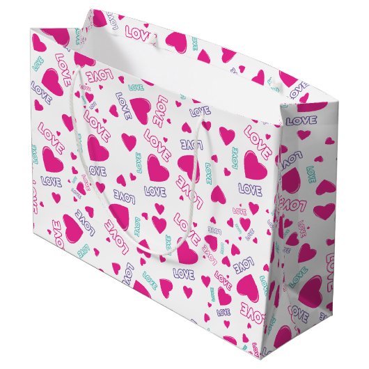 かわいいピンクのハートと愛 – ロマンチックなパターン ラージペーパーバッグ (裏面アングル)