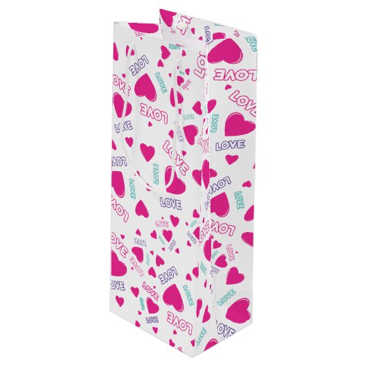 かわいいピンクのハートと愛 – ロマンチックなパターン ワインギフトバッグ (正面アングル)