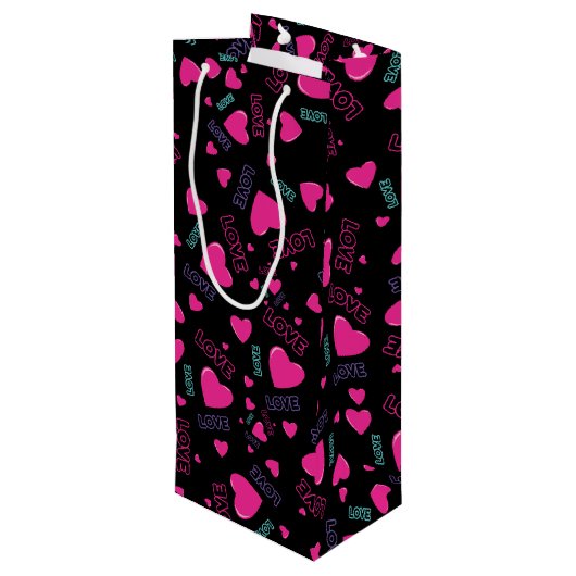 かわいいピンクのハートと愛 – ロマンチックなパターン ワインギフトバッグ (裏面アングル)