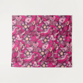 かわいいピンクのハートと花のパターン タペストリー (正面(横))