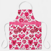 かわいいピンクのハートと花模様バレンタインデー エプロン (正面)