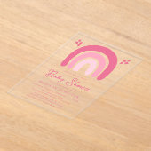 かわいいピンクのハートと虹の赤ちゃんシャワー アクリル招待状 (レイダウン)