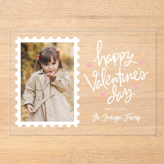 かわいいピンクのハートスタンプ写真バレンタインデー アクリル招待状 (正面)
