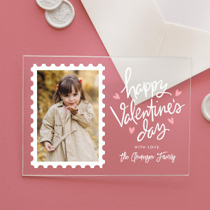 かわいいピンクのハートスタンプ写真バレンタインデー アクリル招待状