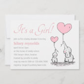 かわいいピンクのハートバルーン女の子エレファントベビーシャワー 招待状 (正面)