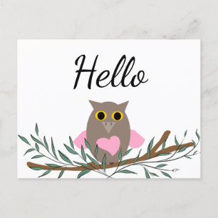 かわいいピンクのハートフクロウの枝ハロースクリプト ポストカード