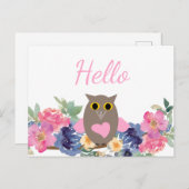 かわいいピンクのハートフクロウフローラ水色こんにちは ポストカード (正面/裏面)
