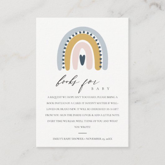 かわいいピンクのハートレインボーブックリクエスト赤ちゃんシャワー エンクロージャーカード (正面)