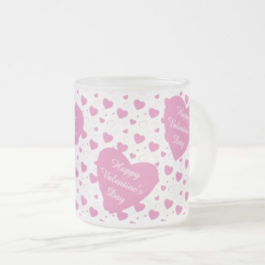 かわいいピンクのハートロマンチックなパターン フロストグラスマグカップ (正面右)