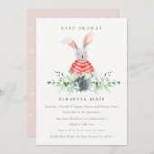 かわいいピンクのバニーガーデンの葉ベビーシャワー招待状 サンキューカード (正面/裏面)