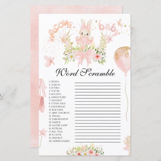 かわいいピンクのバニーバレリーナ赤ちゃんシャワー単語スクランブル (正面/裏面)