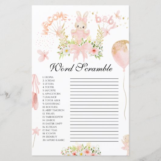 かわいいピンクのバニーバレリーナ赤ちゃんシャワー単語スクランブル (正面)