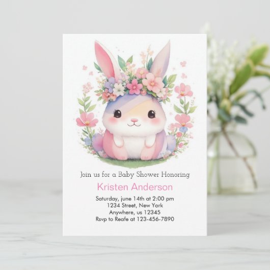かわいいピンクのバニーワイルドフラワーガールベビーシャワー 招待状 (スタンド正面)