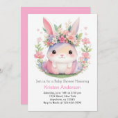 かわいいピンクのバニーワイルドフラワーガールベビーシャワー 招待状 (正面/裏面)