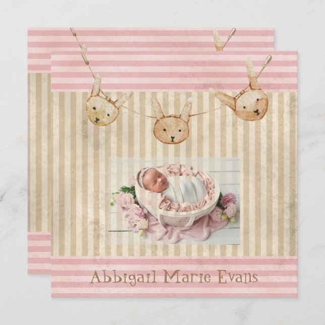 かわいいピンクのバニー赤ちゃん女の子の誕生のお知らせ (正面/裏面)