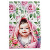 かわいいピンクのバラと笑顔の赤ちゃん女の子の赤ちゃんシャワー ミディアムペーパーバッグ (裏面)