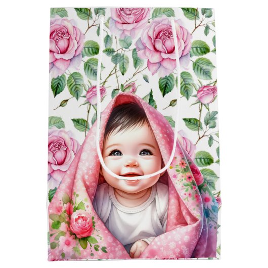 かわいいピンクのバラと笑顔の赤ちゃん女の子の赤ちゃんシャワー ミディアムペーパーバッグ (裏面)