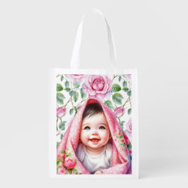 かわいいピンクのバラと笑顔ベビーガールベビー エコバッグ