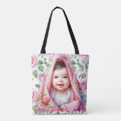 かわいいピンクのバラと笑顔ベビーガールベビー トートバッグ (裏面)