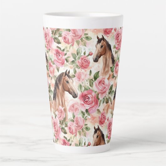 かわいいピンクのバラの花の馬 カフェラテマグ (正面)