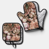 かわいいピンクのバラの花 鍋つかみ&鍋敷きセット (正面/裏面)